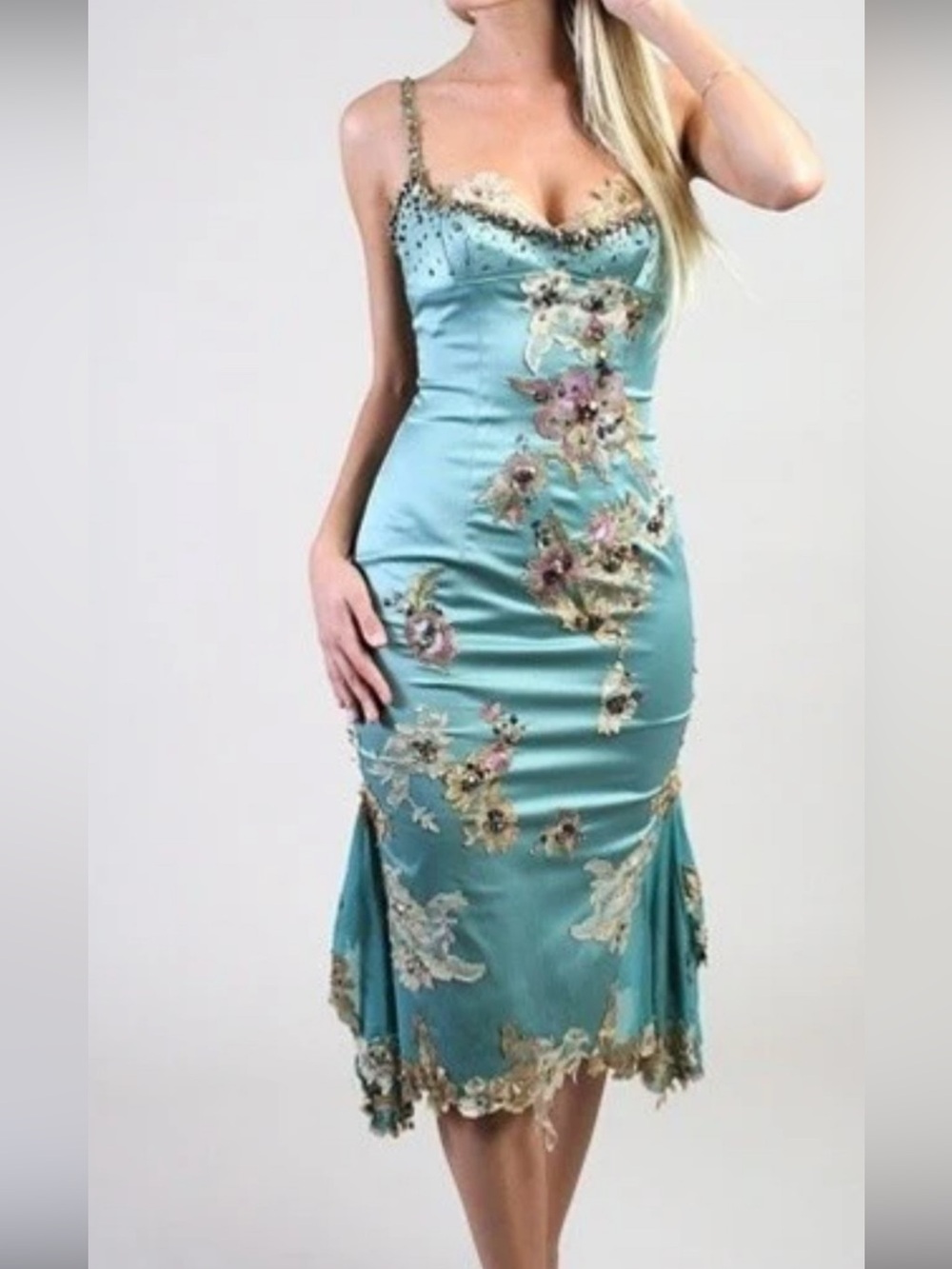 Aqua Floral Embroidered Midi Dress with Lace Trim - Picture 3 of 6